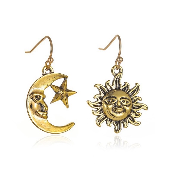 Boho Crescent Sun Face Drop Earrings - Picture 2 of 10